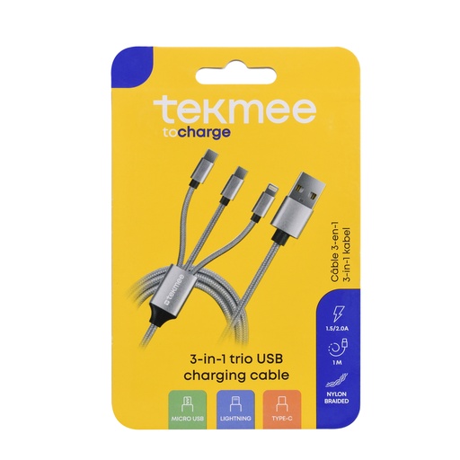 [Tekmee40430087] Kabel 1m USB naar trio nylon 3-in-1