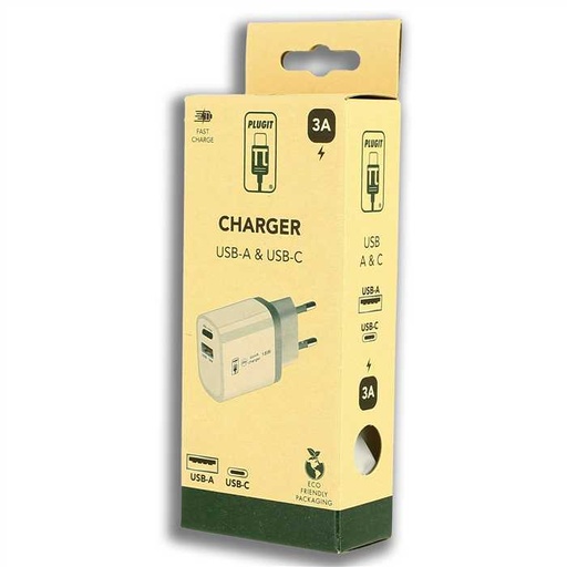 [PLU24075] PLUGIT WALL CHARGER USB-C + USB-A - WHITE COLO...
