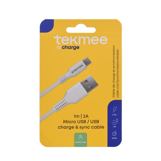 [Tekmee40430168] Câble 1M/2A MicroUSB/USB charge & sync cable